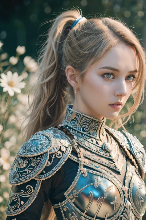 (8K, best quality:1.2), (masterpiece:1.37), (photo, photorealistic:1.37), (ultrahigh-res), face focus, shot from front, close up, slow motion, female paladin wearing the full body, (light silver armour:1.2),(ornately decorated armor), (insanely detailed, b...