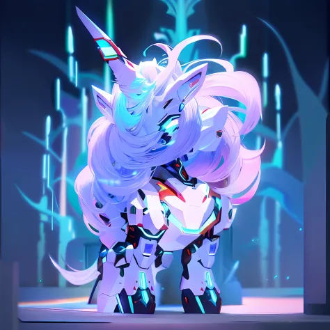 Anime, The mane is shiny、Unicorn with a shiny tail, ethereal and mecha theme, cute cyber gods, Beautiful robot character design,...