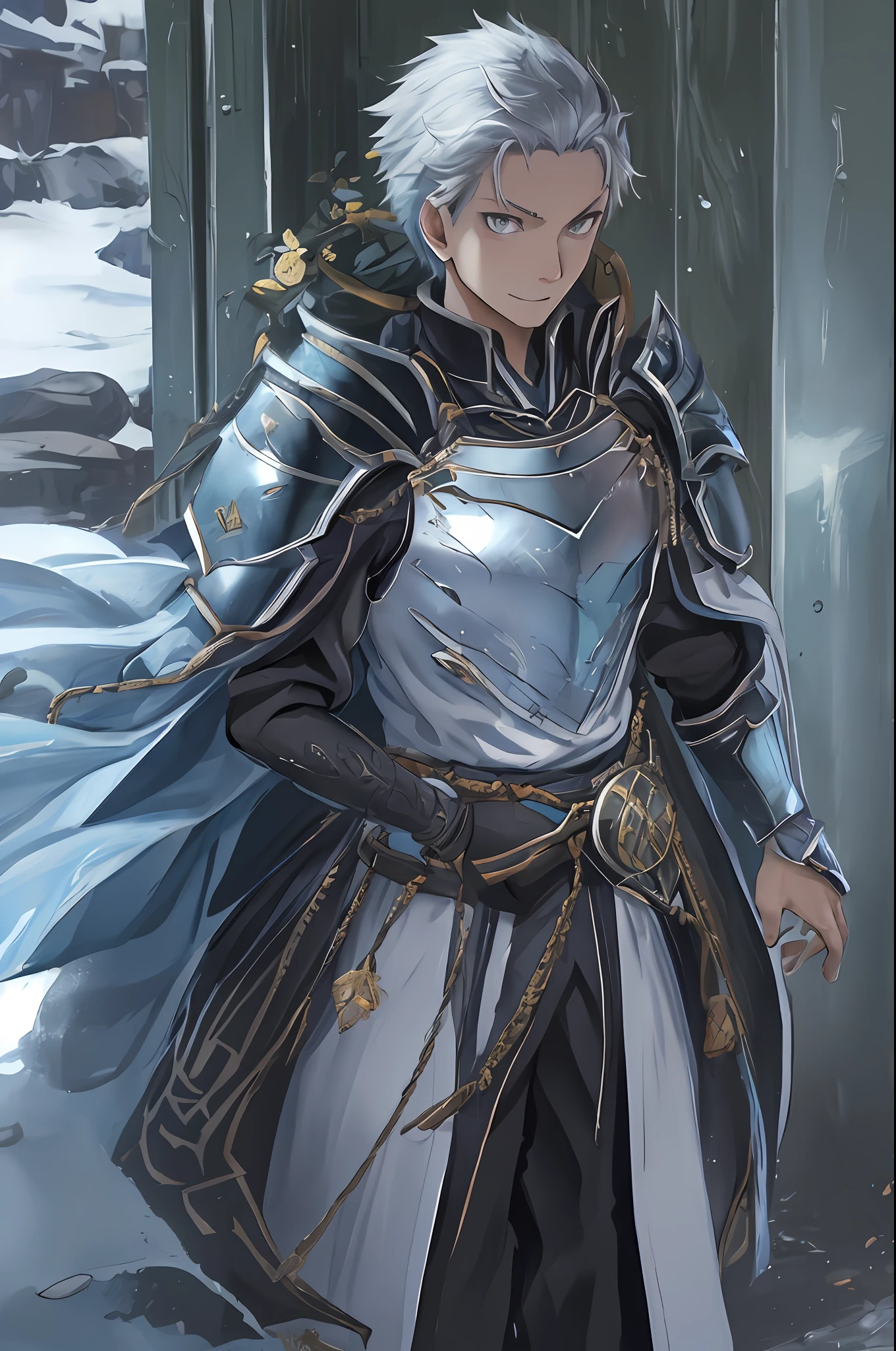 （1 Adult male），A high resolution， Sharp focus， Pixiv masterpiece， （（Complicated details））， highly  detailed， natsuki_subaru， 1 man， ssmile，full bodyesbian， greene eyes（eyes glowing）， with short white hair，Armour，cloaks，Shoulder armor，perspire，look from down