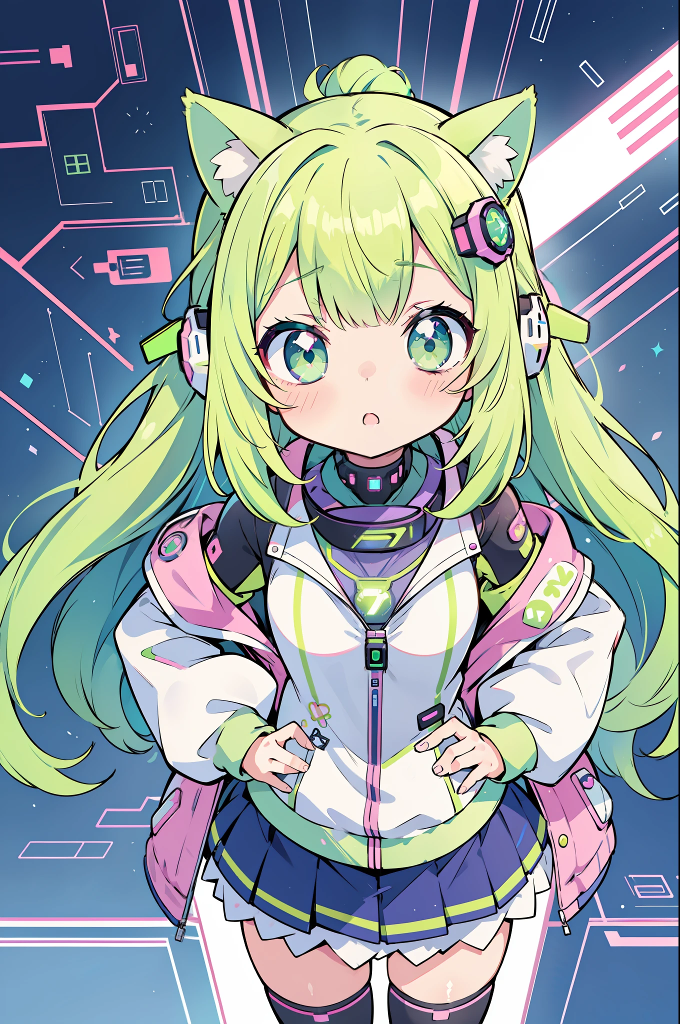 1girl, decora, dynamic angle, breath taking, from above, forced perspective, oversized jacket, neko ears, green hair, unicorn horn, cyber goth themed, kawaiitech, pastel colors, kawaii, cute colors, scifi, reelmech, cyborg, robotic parts, cable electric wires, microchip, , kawaii, color palette: green, purple, pink