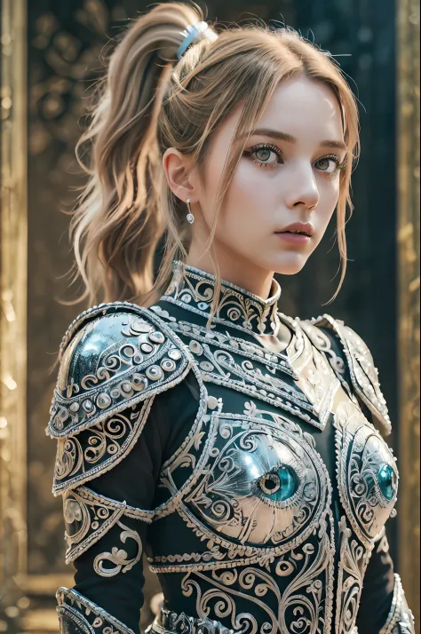 (8K, best quality:1.2), (masterpiece:1.37), (photo, photorealistic:1.37), (ultrahigh-res), full body, sitting pose, shot from front, dynamic pose, slow motion, female paladin wearing the full body, (light silver armour:1.2),(ornately decorated armor), (ins...