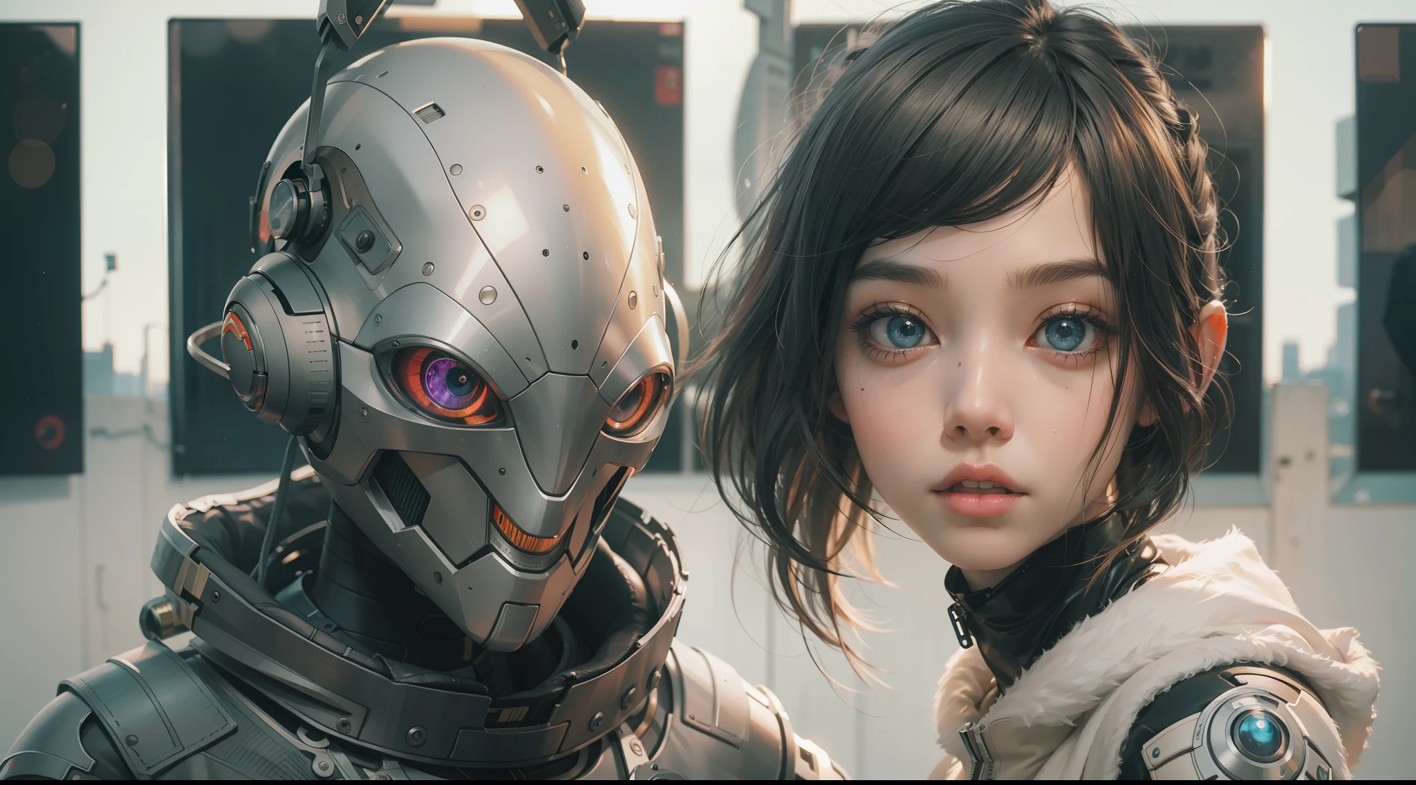 （best qualtiy，ultra - detailed，Best Illustration，Best shadow，masterpiece，A high resolution，professionalartwork，famous artwork），sci-fi，It depicts a young couple wearing colored sclera and a huge alien big cute with robot eyes， by Makoto Shinkai，by Artgerm，by wlop，by Greg Rutkowski，Volumetric lighting，octane render，4K，Trending on ArtStation，masterpiece
