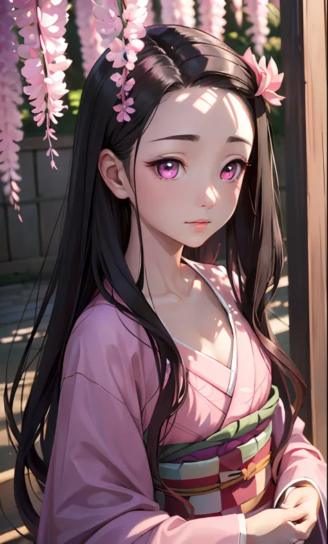 masterpiece, (pink kimono), seductive face, good lighting, décolleté, small details, masterpiece, glowing eyes, 1girl, black hai...