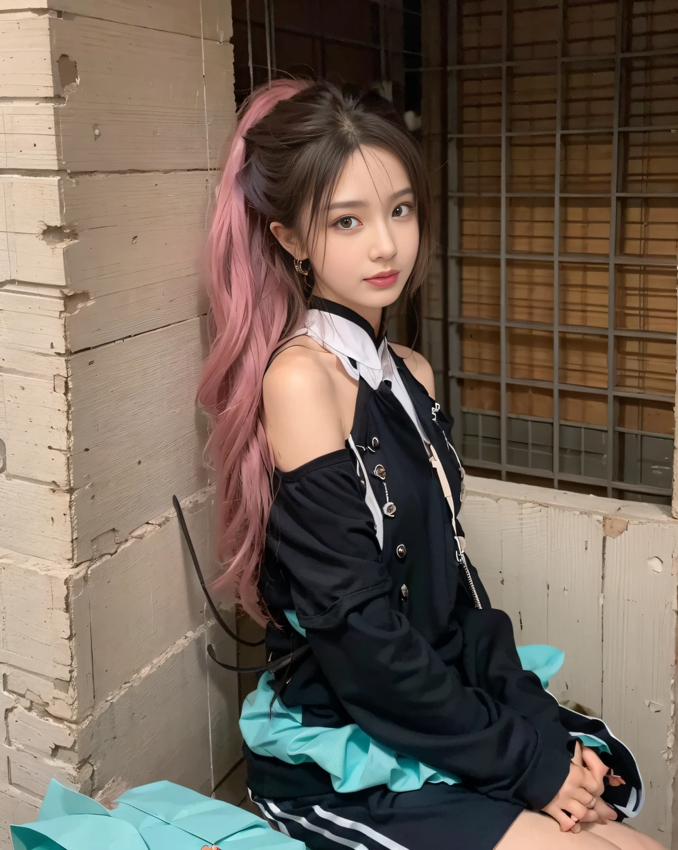 ，Masterpiece, Best quality，8K, 超高分辨率，Reallightandshadow，the night，natta，Pitch black background，Alapi girl with long pink hair sitting on brick wall, ulzzangs, 1 7 - year - old anime goth girl, rena nounen style 3/4, With long hair, shaxi, Twin tail hairstyle, sakimichan, Anime girl cosplay, pink twintail hair and cyan eyes, Red long-haired, kanliu666