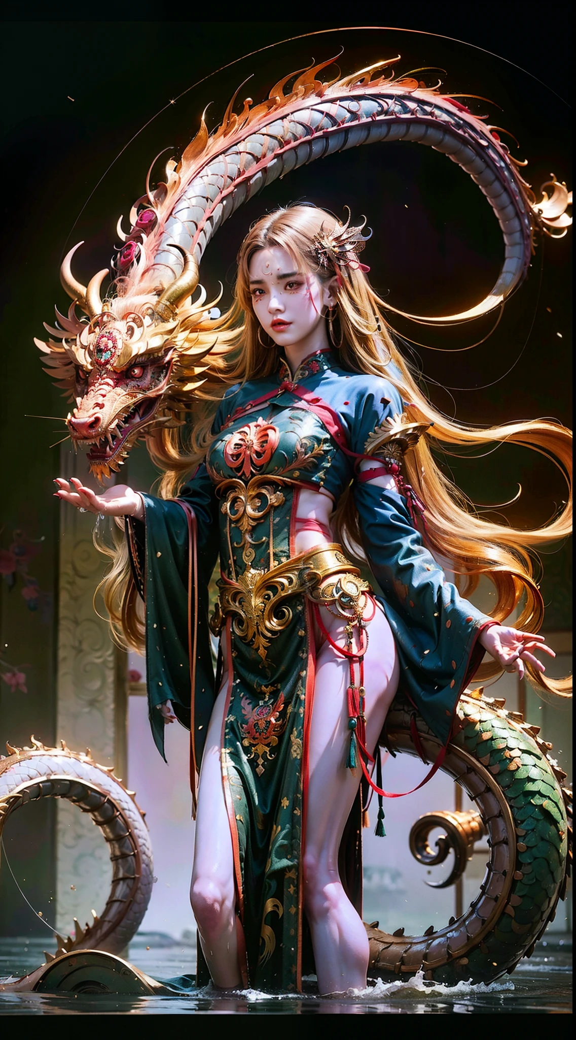 （8K，RAW photo，Best quality, Masterpiece: 1.2, Intricate details, the wallpaper, Ultra-high resolution), (Realistic), a very exquisite and beautiful girl, Very detailed, Amazing, exquisitedetails, offcial art, Super detailed, high-class, beautiful details girl, with a radiant face, a girl  standing in front of a dragon, full bodyesbian, long dragon, (Floating blonde hair), jade water book, water, Waves, fullofwaterenergy, All mechanical, pink mechanical, mix4,Chinese style