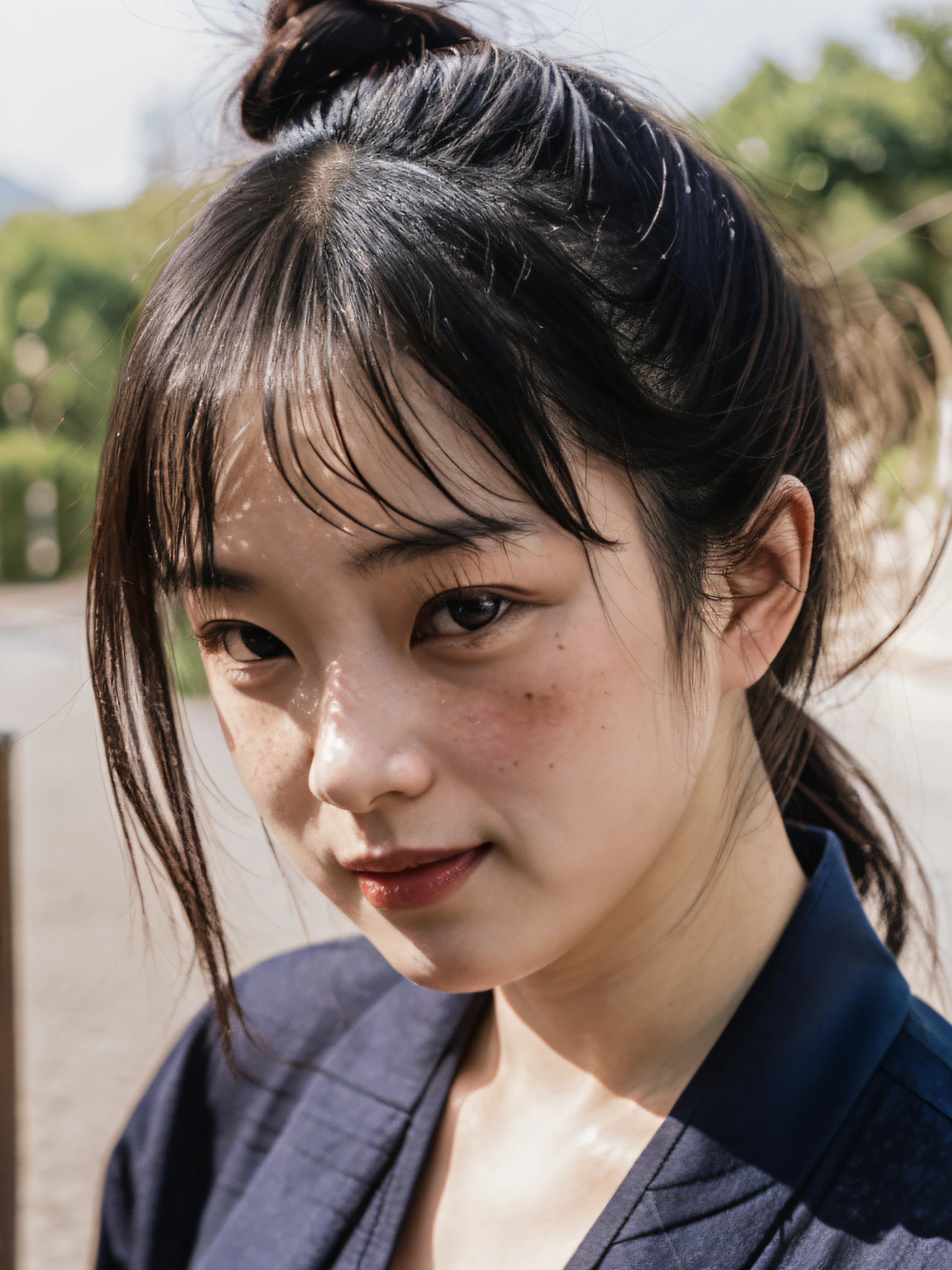 1girl,idoly,closeup cleavage,鎖骨,,,a picture,film,depth of fields,Skin type,tee shirt,rubber band,hair-bun,long whitr hair,disheed hair,freckle,laughingly，鎖骨，Bust photo