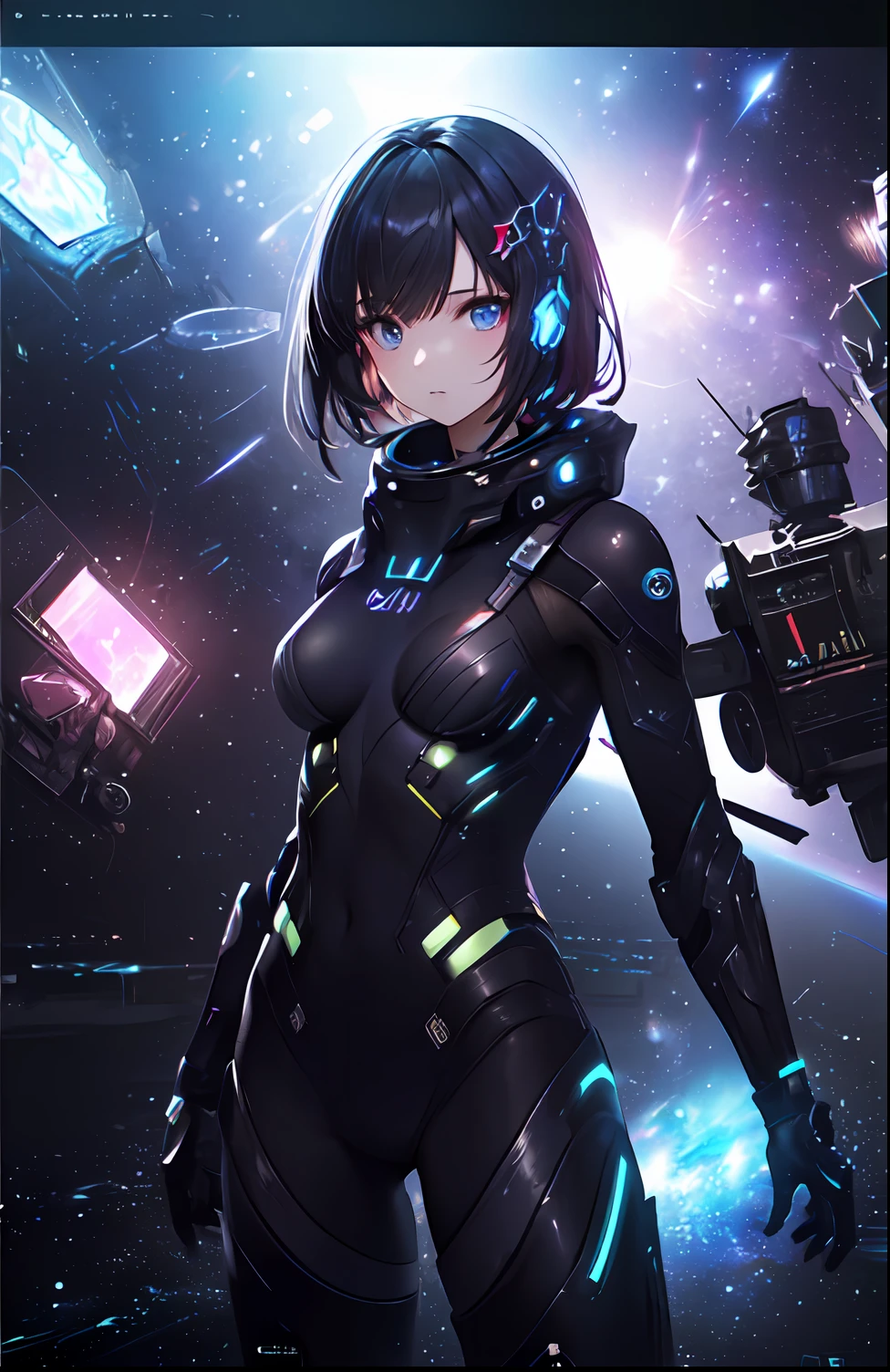 (​masterpiece、top-quality、top-quality、Official art、ighly detailed、Beautifully Aesthetic:1.2)、(1girl in),cosmic space、cyberpunked、Future Space Combat Suits、((nebulas))、Delicate Light、Intuitive、Precise focus、cinema4d、Dramatic、