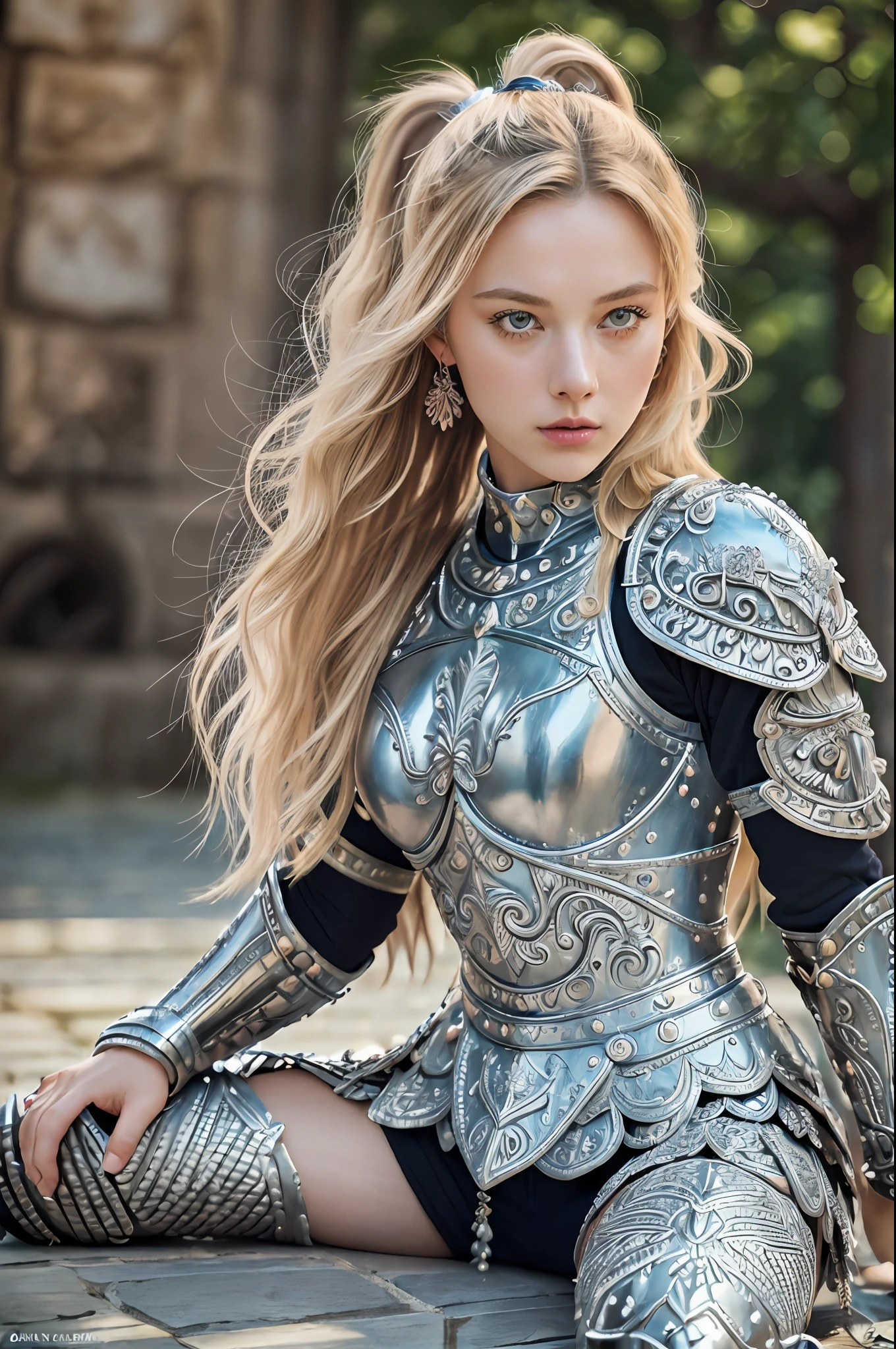 (8K, best quality:1.2), (masterpiece:1.37), (photo, photorealistic:1.37), (ultrahigh-res), full body, (sit on the floor), dynamic pose, slow motion, female paladin wearing the up part body, (light silver armour:1.2),(ornately decorated armor), (insanely detailed, bloom:1.5), (highest quality, Alessandro Casagrande, Greg Rutkowski, Sally Mann, concept art, 4k), (analog:1.2), (high sharpness), (detailed pupils:1.1), detailed face and eyes, Masterpiece, best quality, (highly detailed photo:1.1), (long blonde Hair, blue eyes, ponytail, ecstatic:1.1), (young woman:1.1), sharp, (perfect body:1.1), realistic, real shadow, 3d, (temple background:1.2), (by Michelangelo), photographed by Canan EOS R6, 135mm, 1/1250s, f/2.8, ISO 400