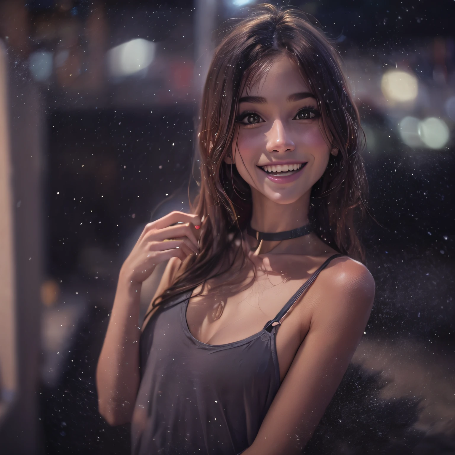 1girl, idol, model, depth of field, photo, film, face, skinny, smile, collarbone,  teeth, movie, camisole, selfie, night,