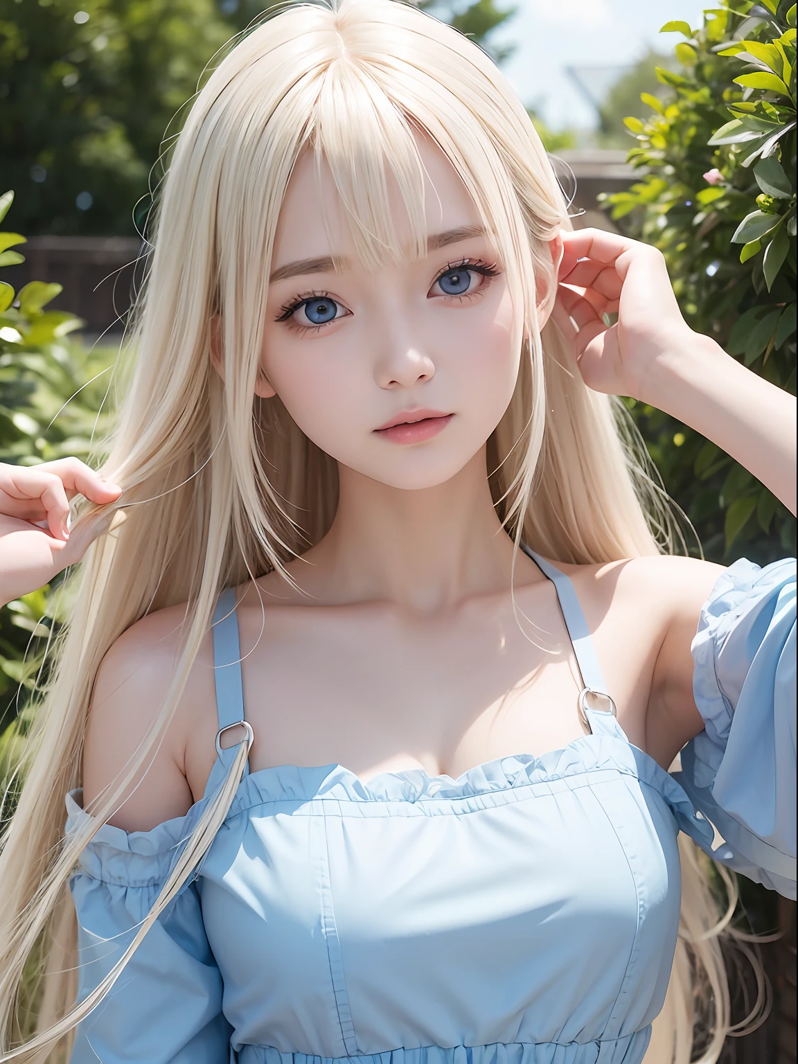 photorealisim、top-quality、超A high resolution、a picture、Photo of an exquisitely beautiful Nordic-born girl、Detailed cute and beautiful face、(pureerosface_v1:0.008)、Beautiful bangs、alice in the wonderland、14years、Glowing white shiny skin、bangss、Super long hair、Attractive Natural Platinum Blonde Super Long Straight Silky Hainer hair、Attractive glowing beautiful bright clear light blue big eyes、White Apron、a blue dress、eye liner、Double eyelids、Lush bust