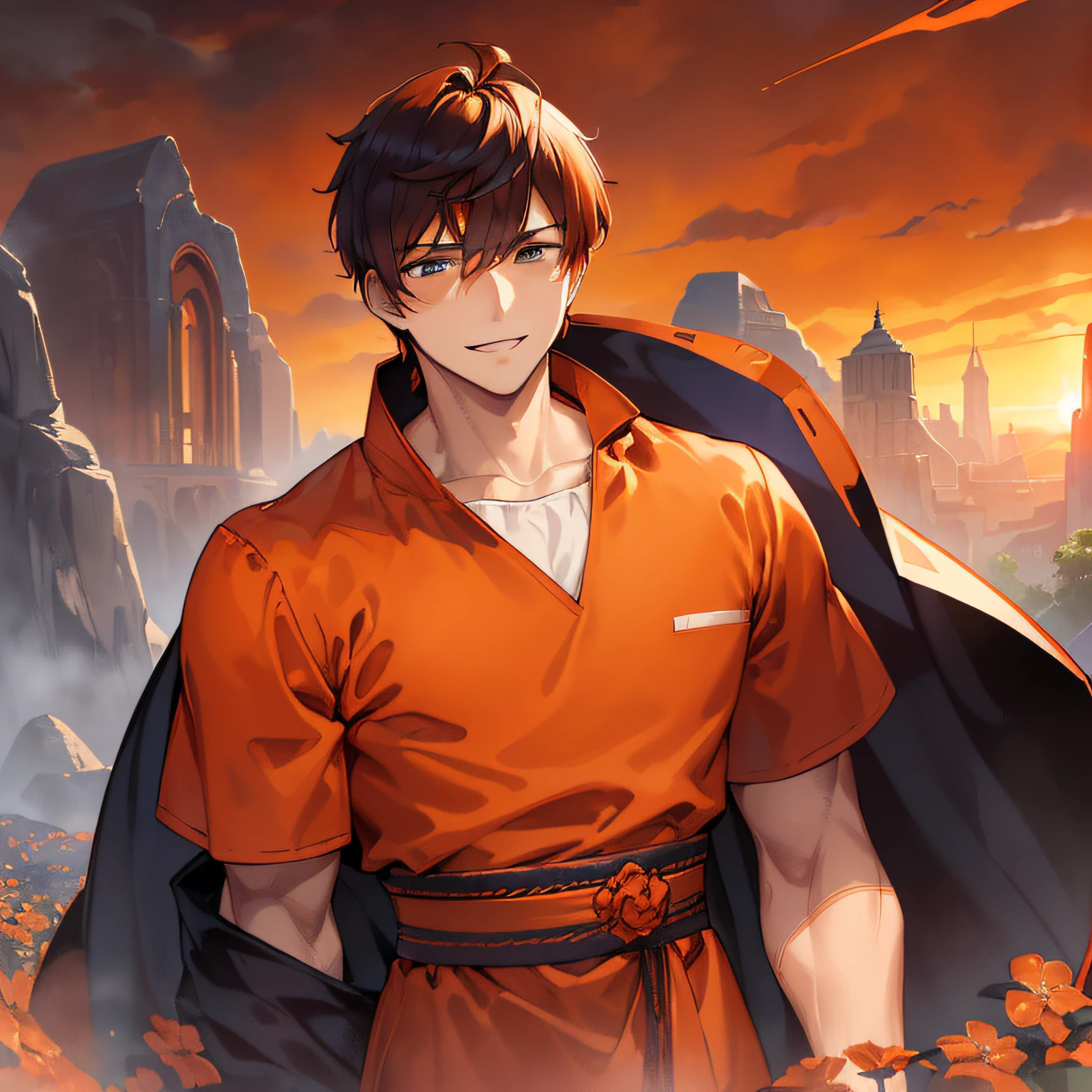 Masterpiece, Top quality, One guy, (((complex clothing, "Burnt Orange" theme)), smiling expression, Tall and strong, short-haired, brunette man with strong build, Man with short black hair，wearing white robes with, side-swept fringe, indigo blue eyes, Golden eyes, sky, Flowers, Sunset, the complex background, dynamicposes, Action scenes