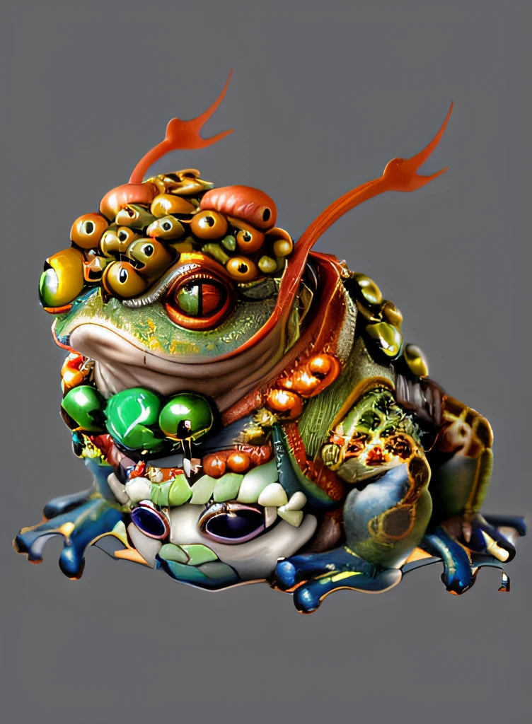 here is a yellow frog with a bunch of eyes on its head,two long tongues， baby face on it stomach, Dark green beads tied with red knots  on it neck, eye ball inside Dark green beads, baby toad， samurai, japanese - creature, japanese style, colored zbrush render, very detailed toad, yoshitaka amano octane render, zbrush contest winner, frogzilla creature, rendered art, hyperdetailed fantasy character, highly detailed creature, zbrush central contest winner. lighting feom top left side. only yellow and green colour on the body