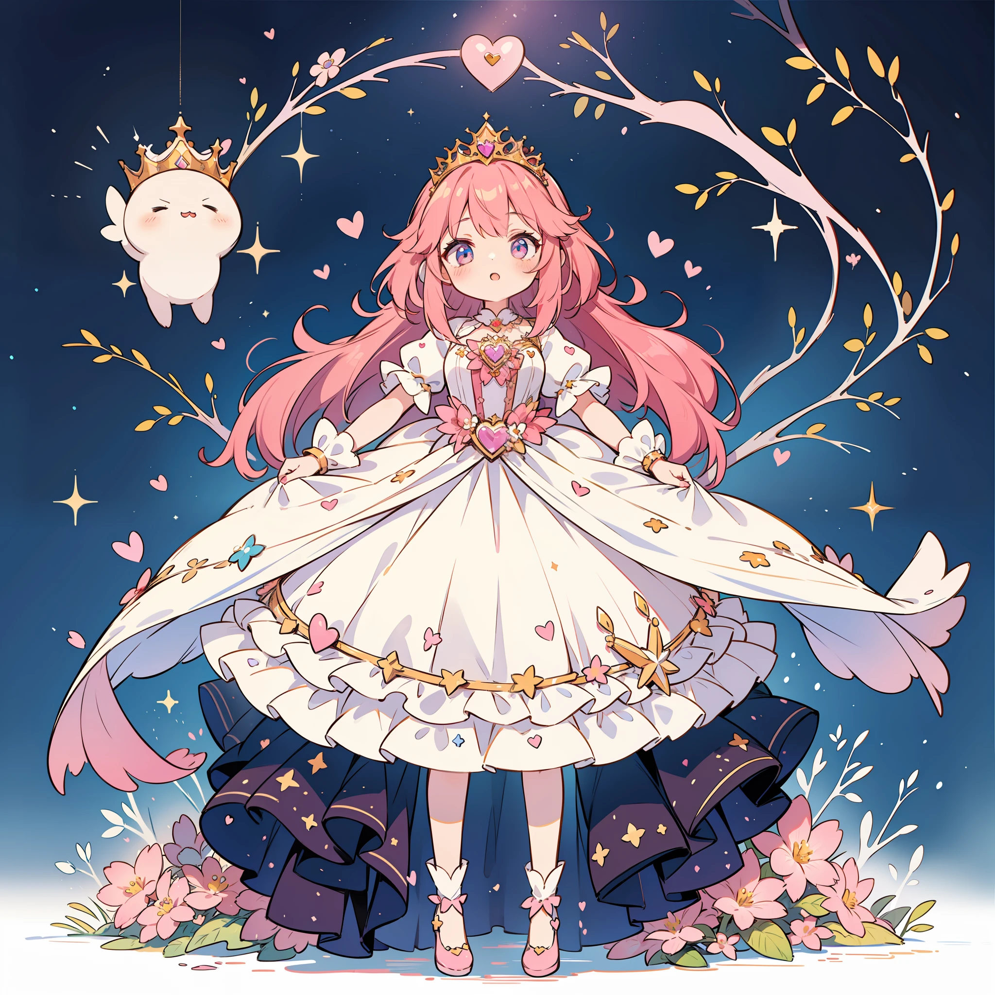 1girl, fullbody, character design, pink hair princes with heart tiara, flowery, star accessory, high quality, wide shot, detailed background of magical forest