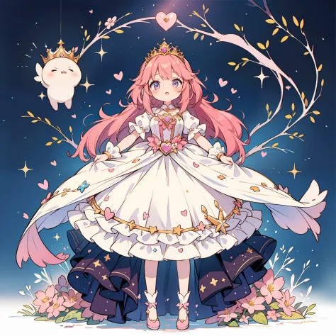 1girl, fullbody, character design, pink hair princes with heart tiara, flowery, star accessory, high quality, wide shot, detailed background of magical forest