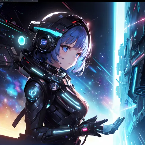(​masterpiece、top-quality、top-quality、Official art、ighly detailed、Beautifully Aesthetic:1.2)、(1girl in),cosmic space、cyberpunked、Future Space Combat Suits、((nebulas))、Delicate Light、Intuitive、Precise focus、cinema4d、Dramatic、