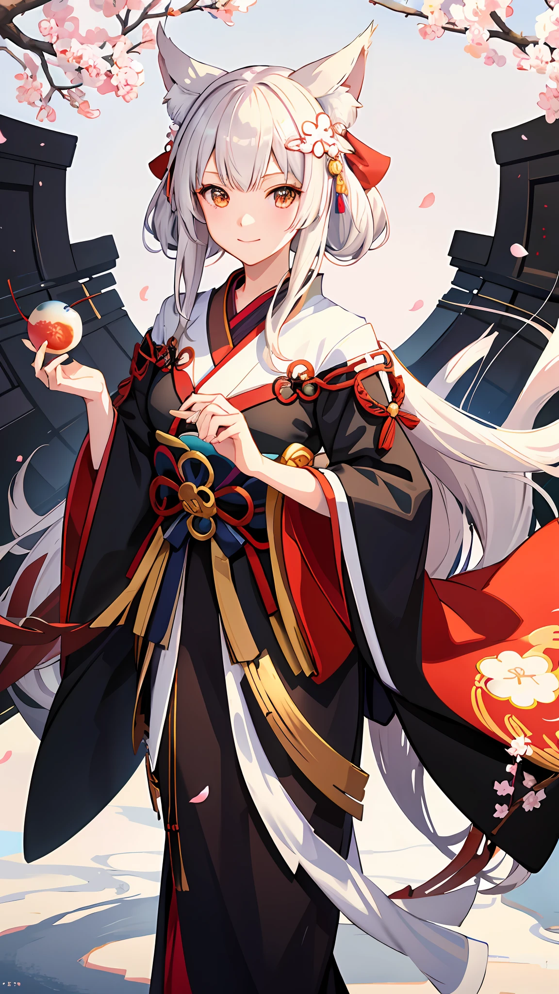kimono, standing, 1 girl, 8K, White lining, Black coat, High quality, Look at the viewer，beast ear, wearing a kitsune mask, brunette，shrines，torii，the cherry trees，Fluttering flowers，anime moe art style，Kantai collection style，a serene smile，azur lane style，anime visual of a cute girl，offcial art，a beautiful anime portrait，Beautiful anime girls，komono，onmyoji portrait，smooth anime cg art，8K
