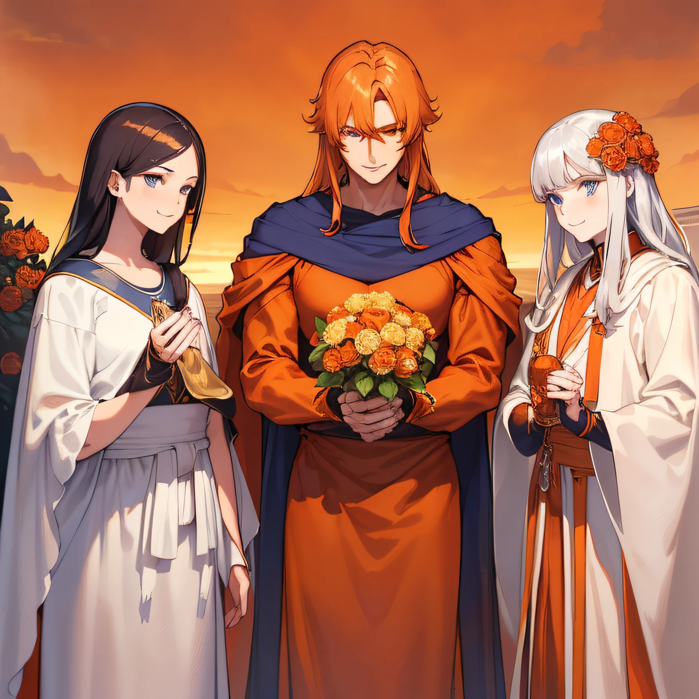 Masterpiece, Top quality, Three people, (((complex clothing, "Burnt Orange" theme)), smiling expression, Tall and strong, short-haired, brunette man with strong build, Silver-haired man with long hair，wearing white robes with, side-swept fringe, indigo blue eyes, Golden eyes, sky, Flowers, Sunset, the complex background, dynamicposes, Action scenes