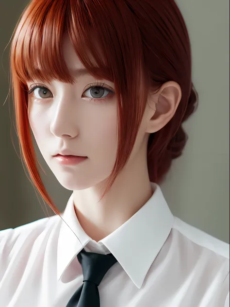 (Best Quality, masutepiece:1.2), 1 girl, Solo, Red hair,Eyes with beautiful details,(White shirt),The upper part of the body,Black tie,Bangs,ear