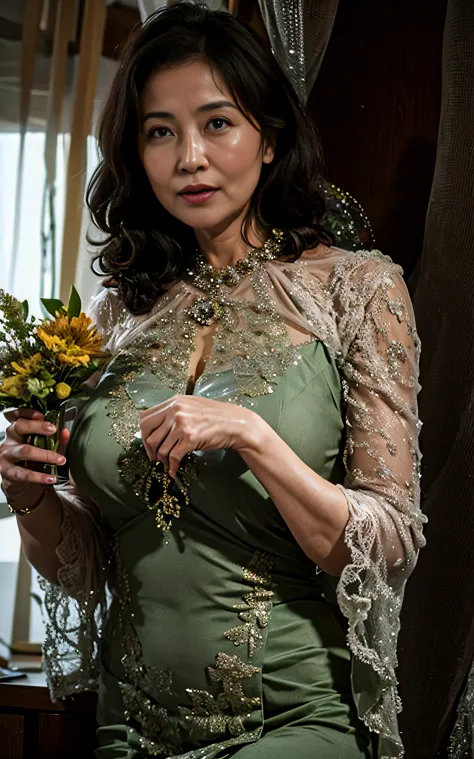 48-year-old woman，48yo，Green dress transparent dress，，Bigchest，