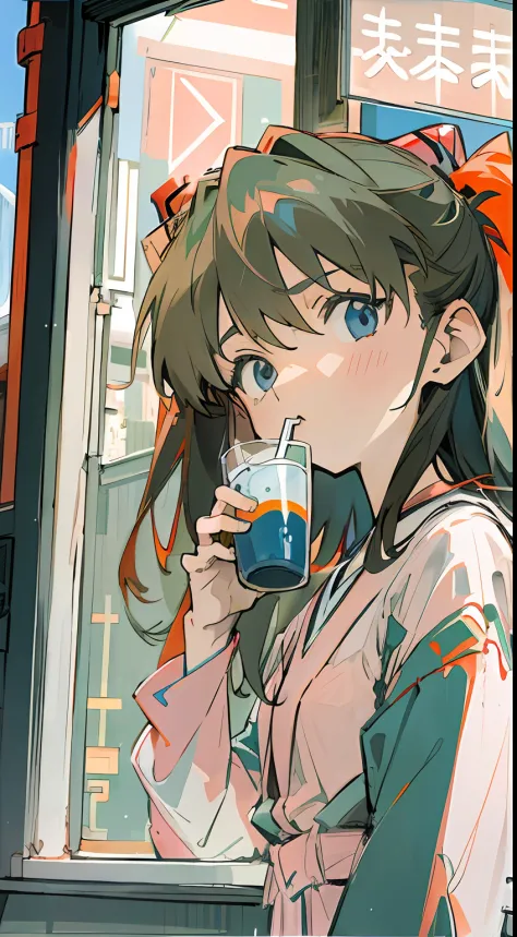 1 girl, asuka, evangelion, 8k, best quality, japanese cloth, looking out the window, more details,drinking juice, summer, cool s...