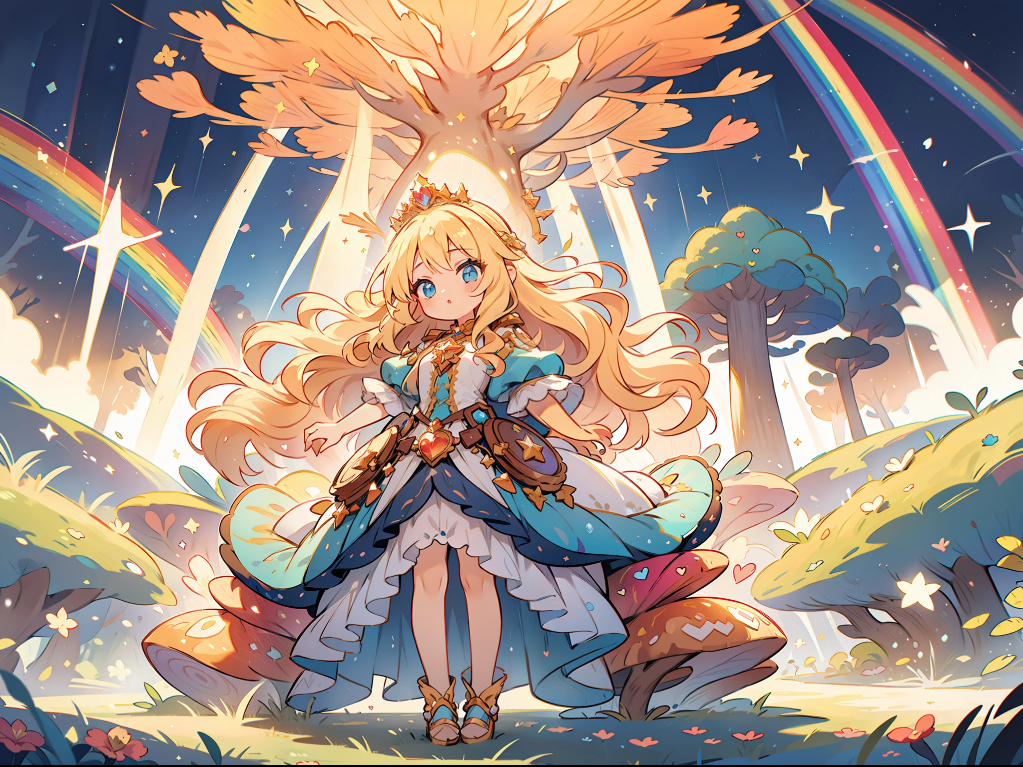 1girl, fullbody, character design, blonde hair, ultra wavy hairstyle, princess with heart tiara, fantasy, star accessory, high quality, wide shot, detailed background of magical forest,colorful,rainbow clothes