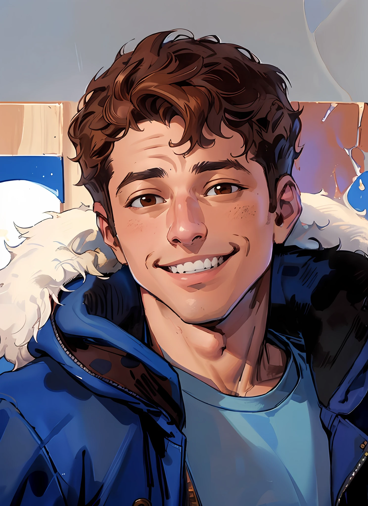 arafed man in a blue jacket with a furry hood, andy samberg, flume, charlie puth, portrait, teeth, brown eyes, brown hair, blue jacket, painting, grey t-shirt, 4k, very detailed, fur, flat background