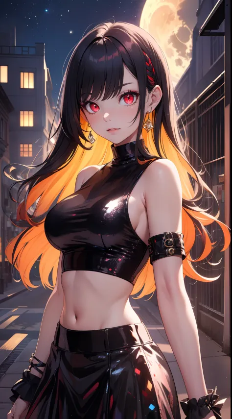 ((best quality)), ((masterpiece)), 1girl, solo, cool, edgy, tall, beautiful, slim, big boobs, black sequin cropped top sleeveles...