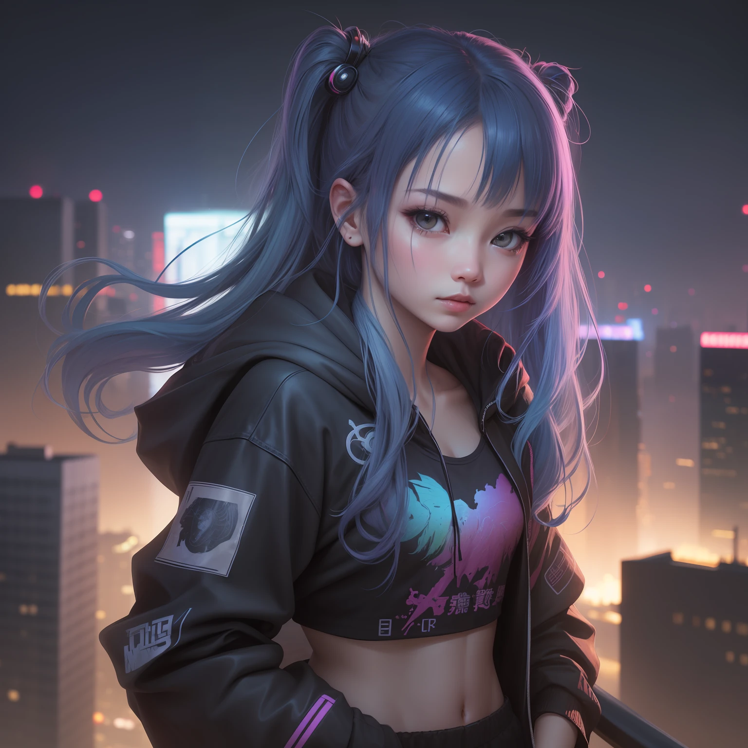 (Masterpiece), Best quality, 超高分辨率,Little girl, cyberpunk 1girl flying above stunning cityscape ,Hoodie,Blue hair, neon color shooting stars, Very long hair, cropped shoulders, feathers hair ornament, Neon colors, Twinkle, stunning night sky, Cinematic lighting, Photorealistic, Realistic skin, hdr,fish eye