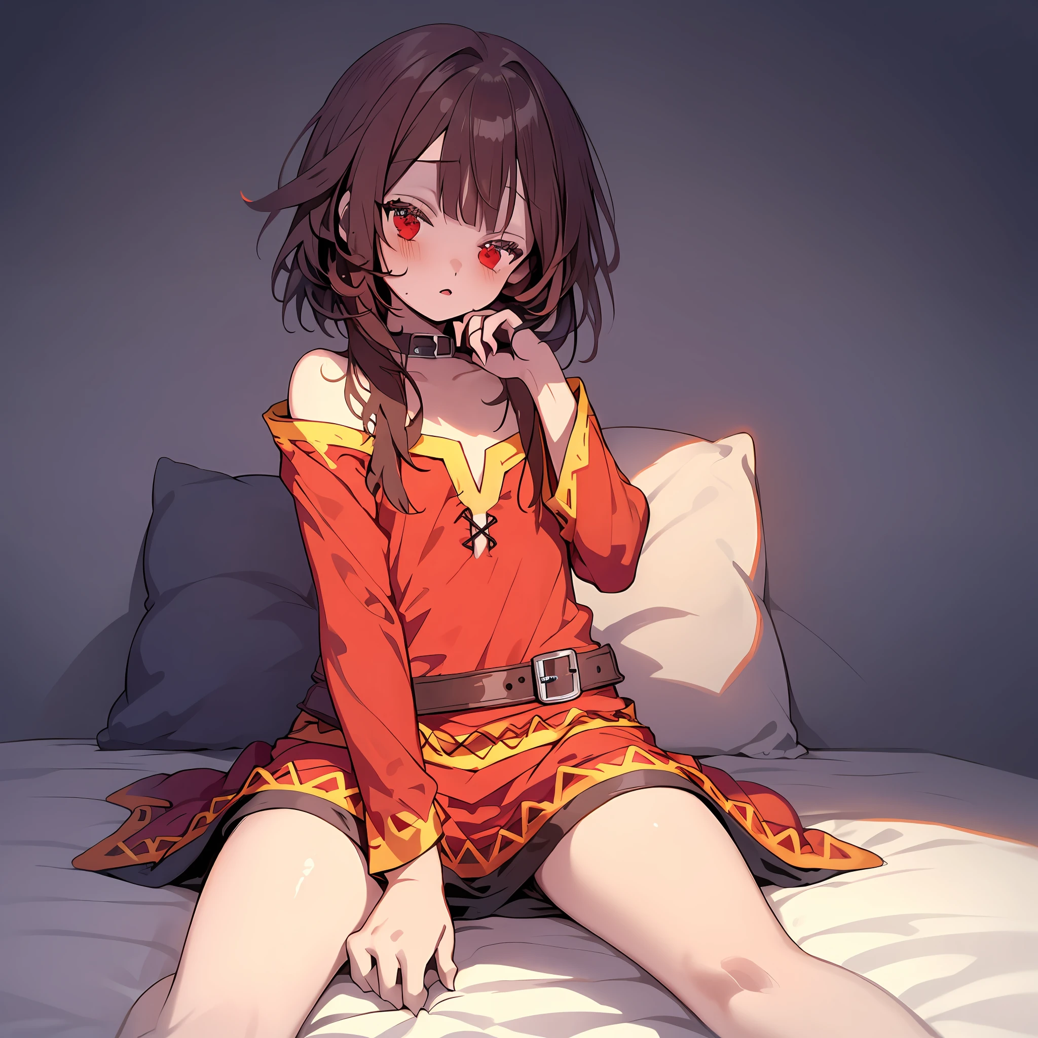 Megumin,1 Mädchen,An,Klein ,rote Augen,lange Schläfenlocken,braune Haare,Kurzes Haar,sitzen auf,brechen (MeisterwerkBeste Qualität,Perfekte Anatomie,perfekte Hände,Projekt Gliedmaßen,hohe Details),