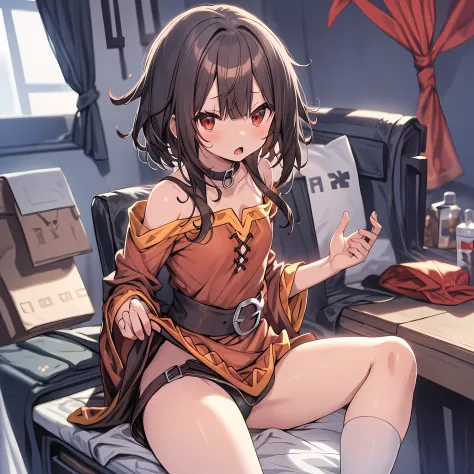 megumin,1 girl,Lori,small tits,red eyes,long sidelocks,brown hair,Short hair,sitting on,BREAK (masterpiecebest quality,Perfect Anatomy,perfect hands,perject limb,high details),