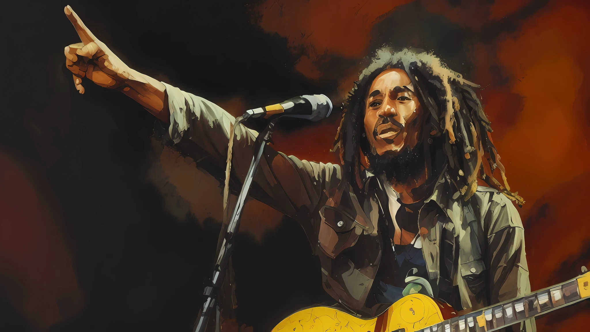 Arafed man with dread, Bob Marley, concert photography from the 70s, photo courtesy museum of art, against a deep black background, reggae, on black background, Bob Marley playing guitar, reggae art, with a brilliant, playing guitar onstage, bright-colored stage lights