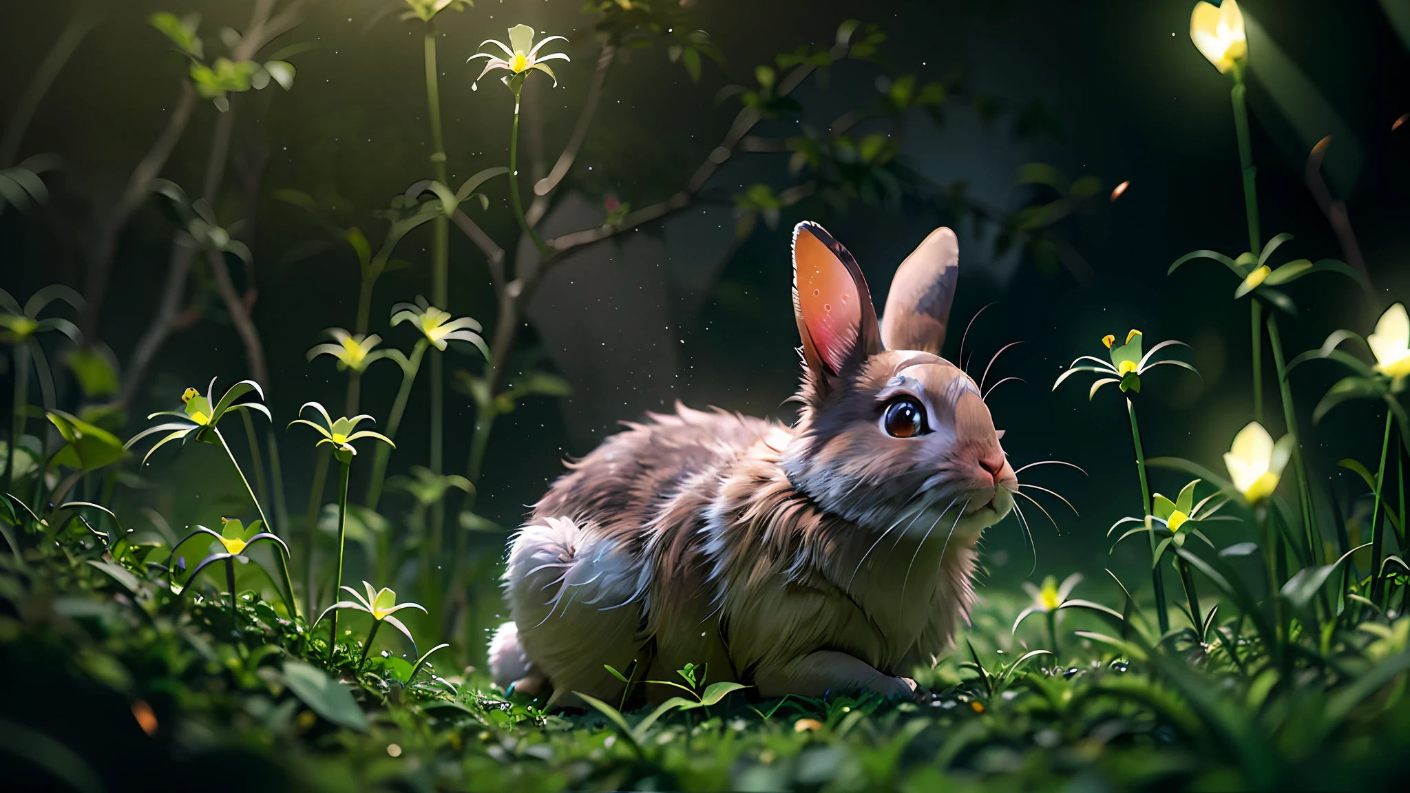 마법에 걸린 숲에 있는 토끼 사진을 클로즈업하세요, 깨끗한 배경, 피사계 심도, 큰 조리개, 사진술, 밤, 반딧불이, 체적 안개, 후광, 꽃, 극적인 분위기, 센터, 삼등분의 법칙, 200mm 1.4f 매크로 촬영