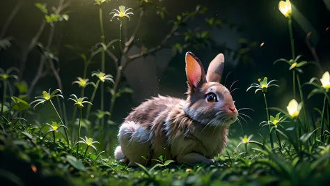 Close up photo of a rabbit in enchanted forest, clean background, depth of field, large aperture, photography, night, fireflies,...