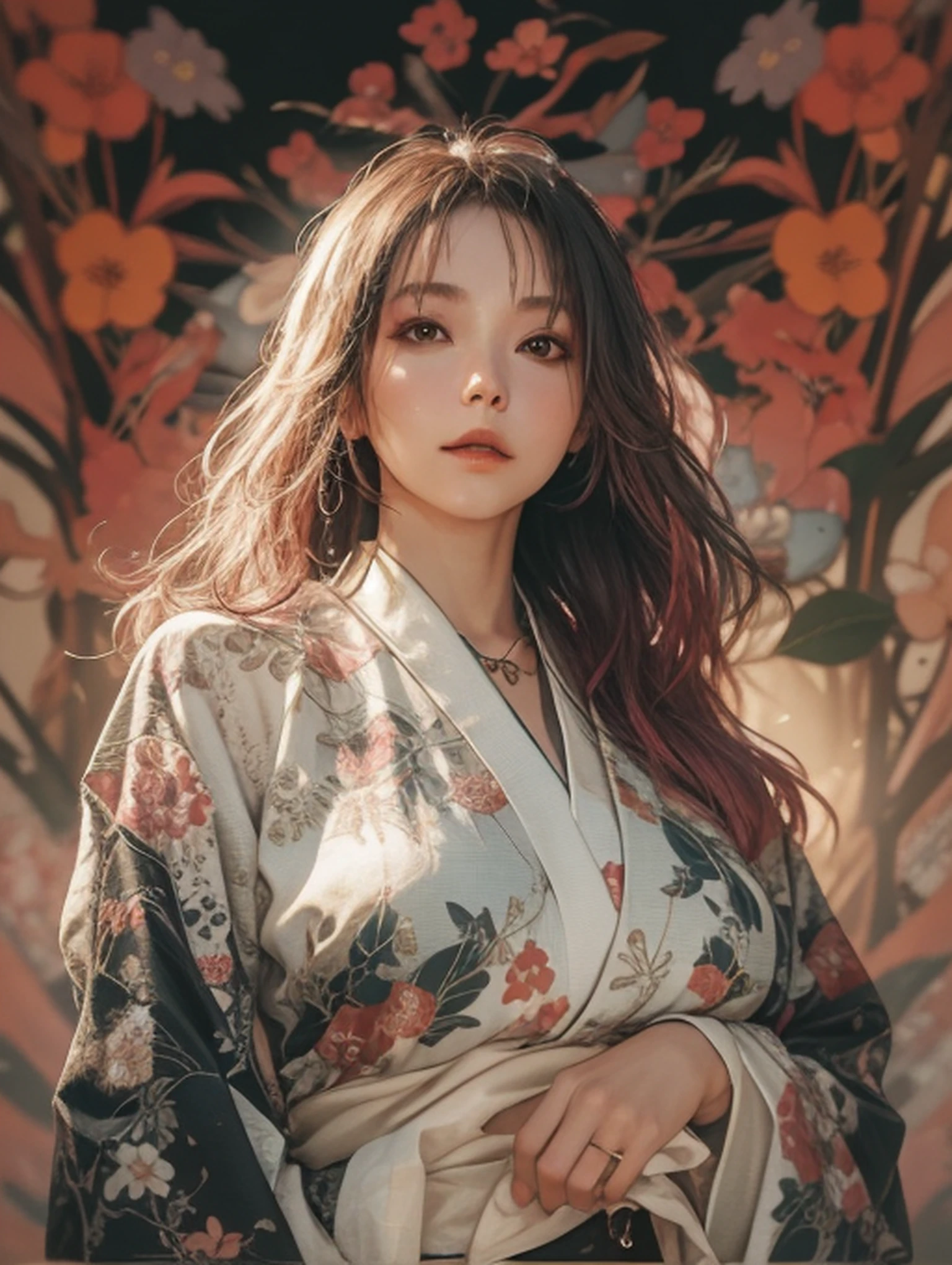 "A captivating and seductive woman in an alluring kimono, gracefully revealing her open chest, mesmerizingly posing for a captivating photoshoot."