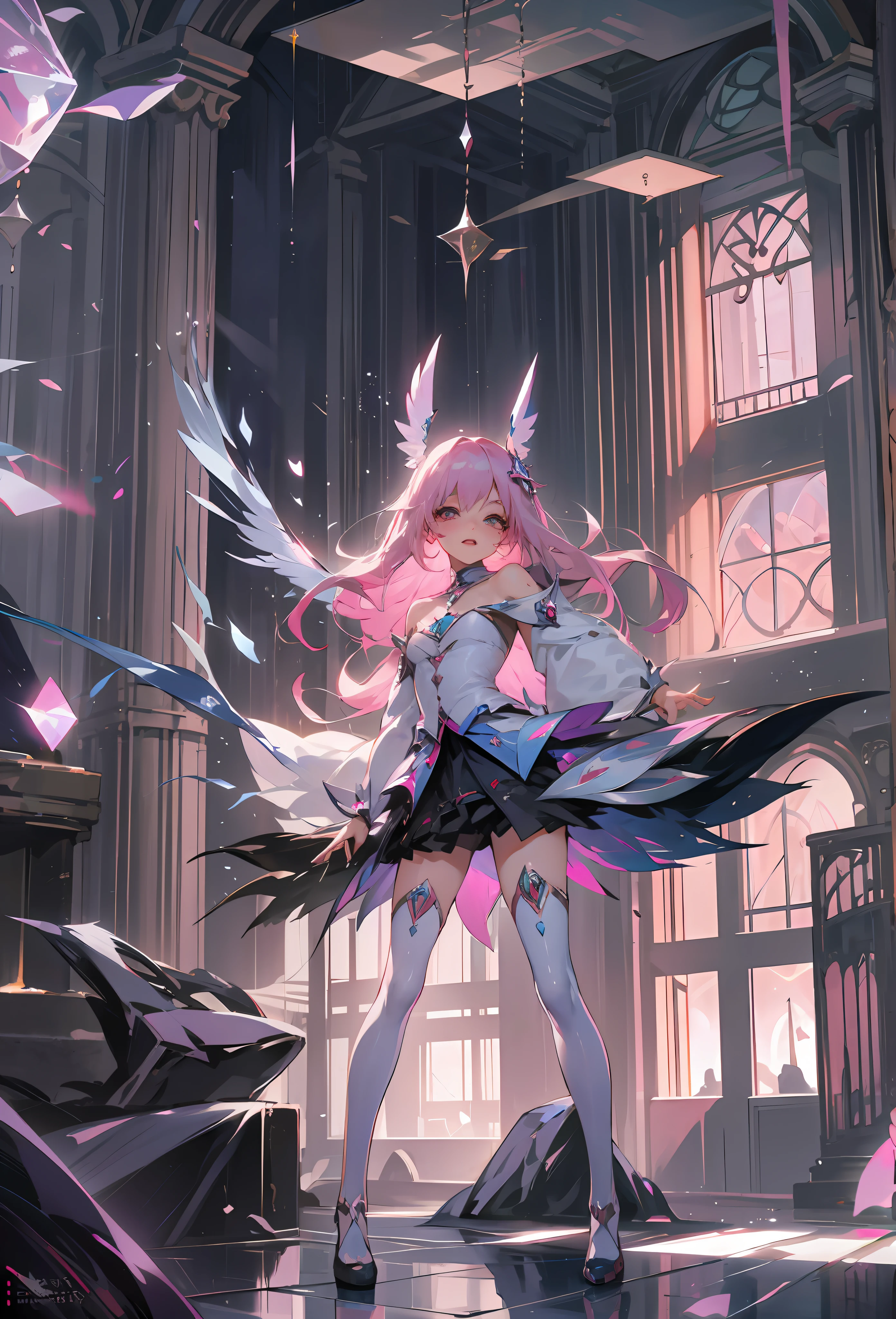 （tchibi：1.3）（tmasterpiece：1.4），（best qualtiy：1.4），（Very cute angel girl，Super detailed face，gem-like eyes，Extra-long pink hair，Colorful gradient hair：1.4），（angel ring：
1.4）， （angel wing： 1.4）， （full bodyesbian， Perfect 2 arms， Perfect 2 legs： 1.4）， （Perfect 4 fingers： 1 thumb）， llight rays， shine， bokeh， super-fine