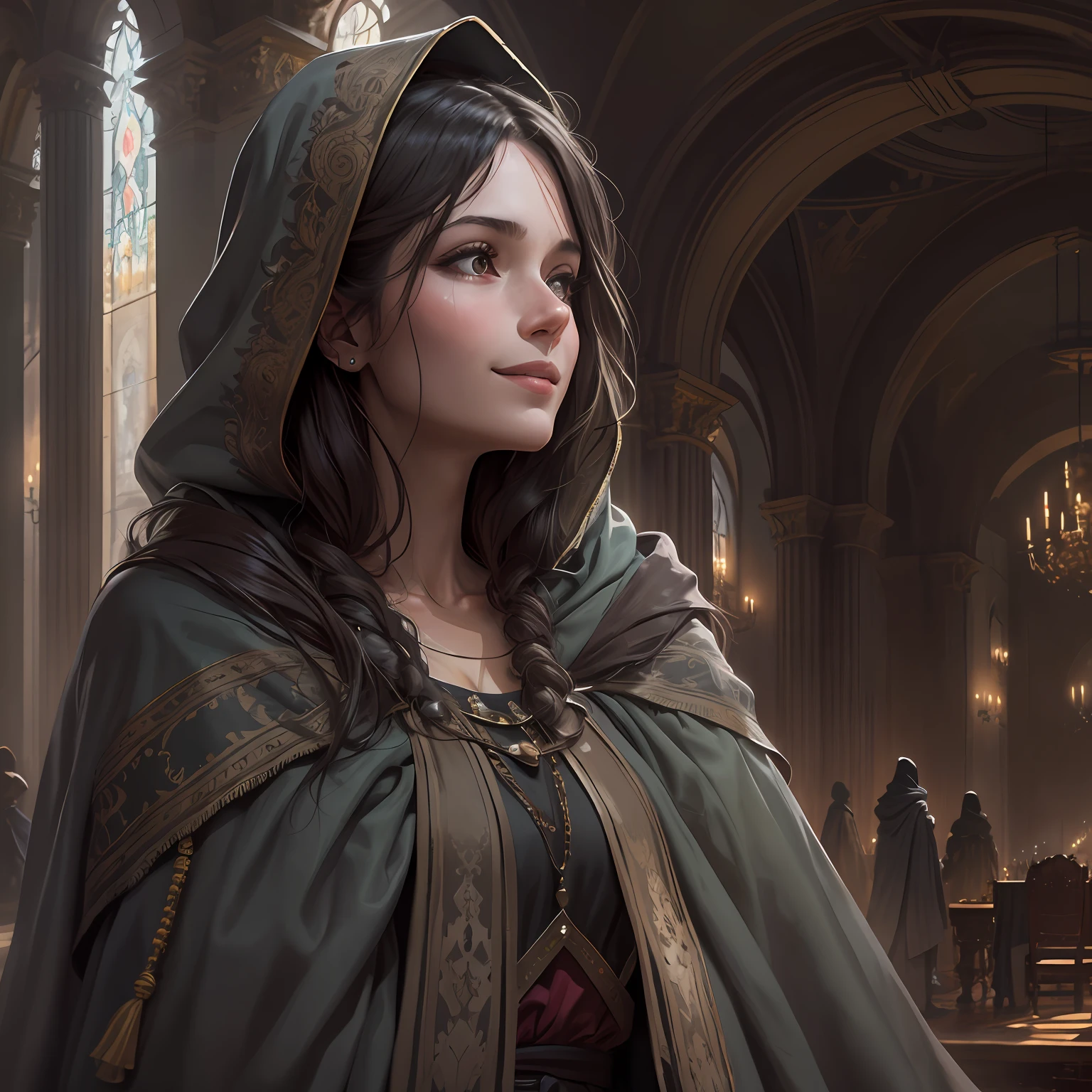 A close up of a woman in a hoodedie in a church SeaArt AI