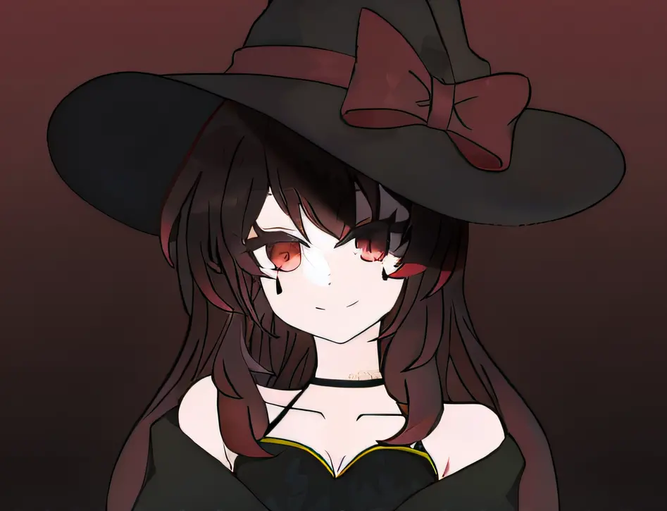 little witch，black-red gradient hair，wear a black slip dress with a black gauze shawl，red color eyes，witch hat