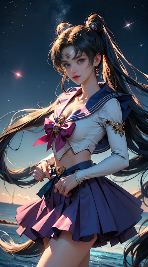 （（tmasterpiece））， （（best qualtiy））， （ultra - detailed）， （（The is very detailed））， 4K， （8K）， Frontal view，the sailor moon， cabellos largos dorados， dual horsetail，sailor moon aesthetic，a beauty girl，Puffy skirt，blue colors， Dream Core，