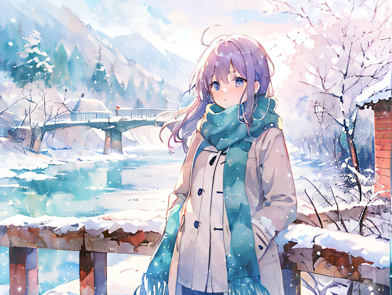 anime-style girl, bridge, snowy landscape, warm coat and scarf, visible breath, soft, watercolor-like anime style, whites and blues, snowy day,