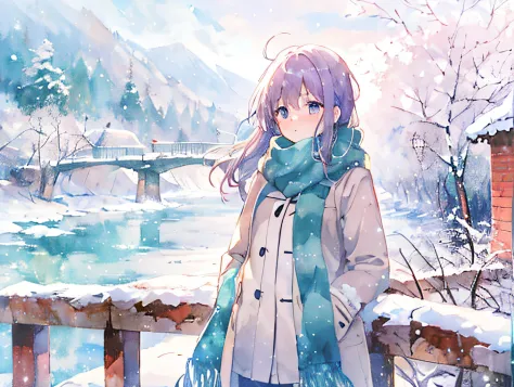 anime-style girl, bridge, snowy landscape, warm coat and scarf, visible breath, soft, watercolor-like anime style, whites and bl...