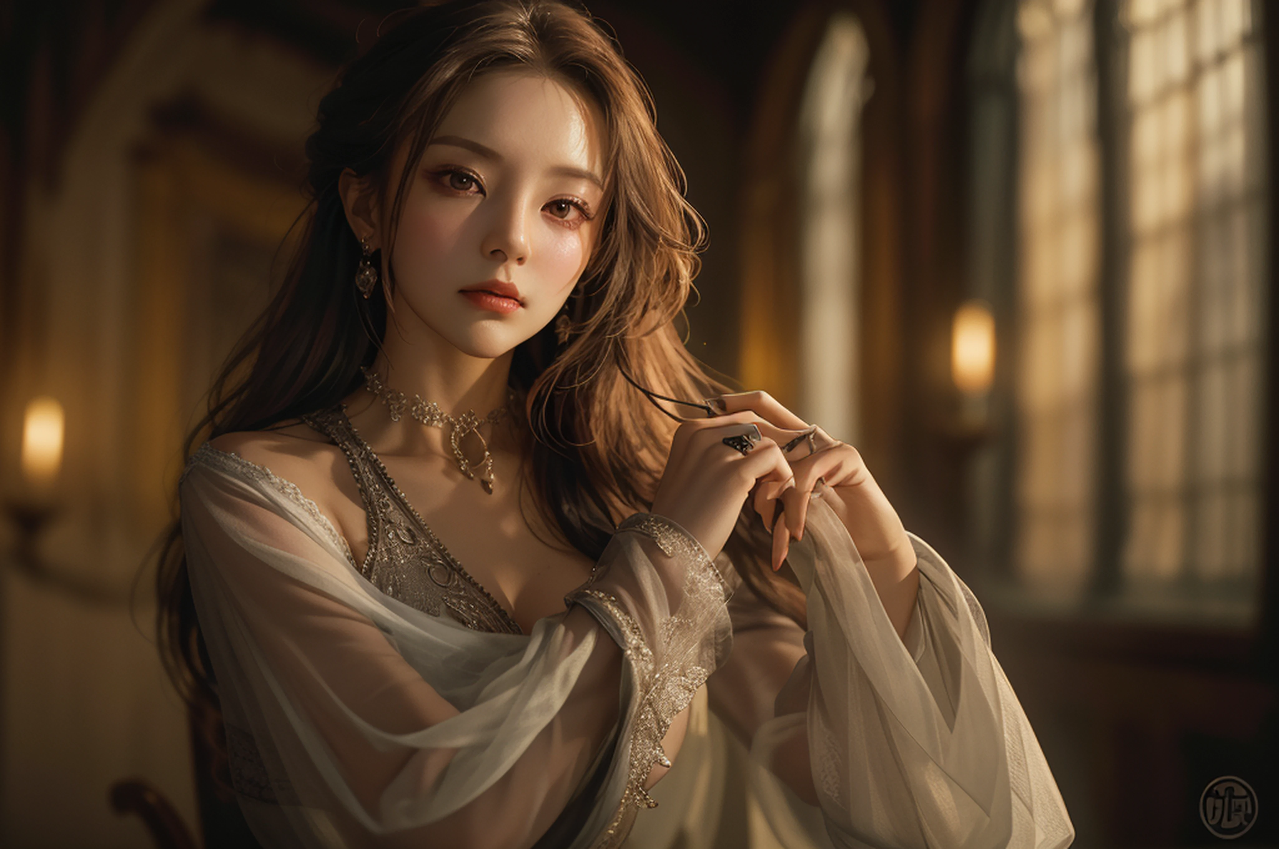 "A woman in an elegant gown, poses for a photo,medieval scene, high details,best quality, masterpiece, captured in a dynamic angle ,atmospheric lighting,high detailed face,(medieval)"