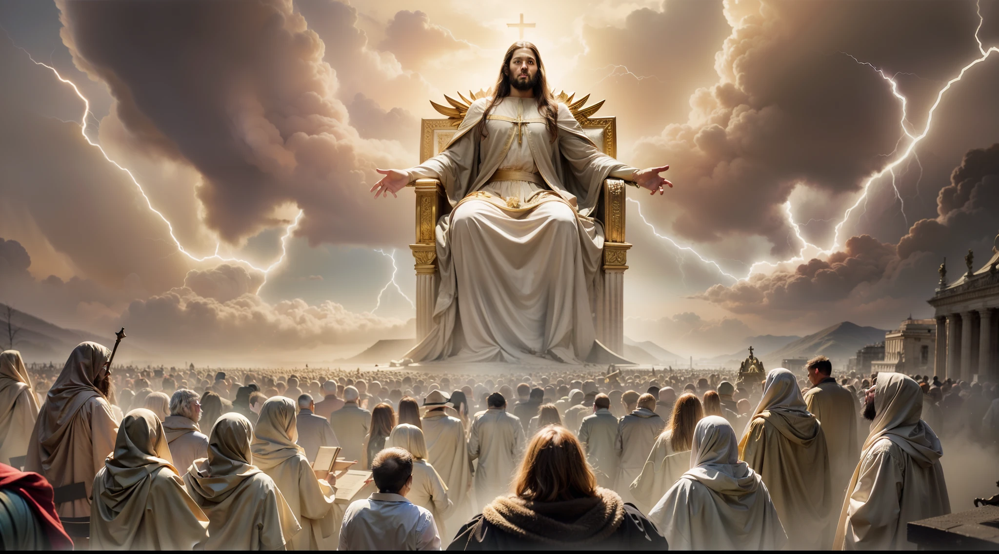 Потрясающее изображение, изображающее сценарий Судного дня., как описано в Откровении 20:11. Белый трон, на котором сидит Иисус, выделяется в центре сцены., окружен белыми облаками и молниями, символизирующий божественное величие. Присутствуют могущественные ангелы, торжественно наблюдая за открытием книг, представляющие записи действий каждого человека. несметная толпа людей, ожидая своей вечной судьбы. Настроение - это благоговение и благоговение перед божественной справедливостью, которая будет установлена.