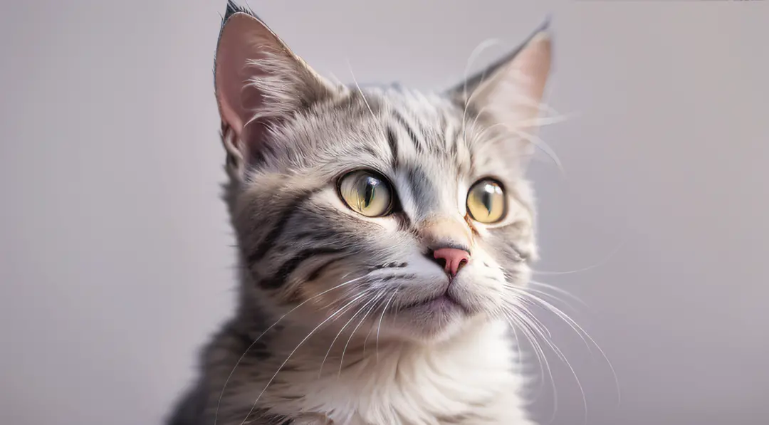 a studio photograph of a single cat's face facing to the right. A plain light purple background. Photo realistic.