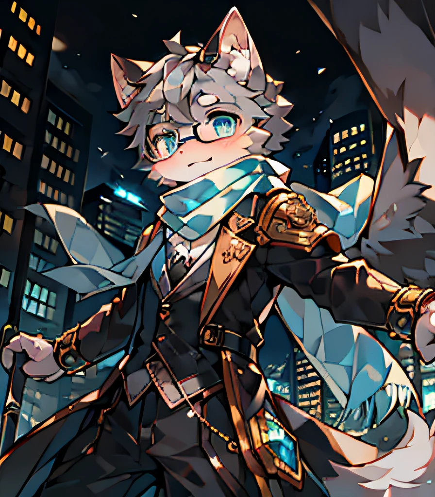 Highest quality, delicate painting style, delicate hook line, masterpiece, delicate skin, delicate hair, complete painting, masterpiece, delicate hands, delicate eyes, normal eyes, gray cat ears, furry, gray hair, black framed round glasses, blue eyes, cute, handsome, ((white scarf)), cat style, Shota, cyberpunk, blue pupils, city night view, gray hair, bangs, gray crystal wings, mottled light and shadow, steampunk, short hair, boys, bright eyes with God. , Crystal Shards in the Air, City, ((Battle Stance))
