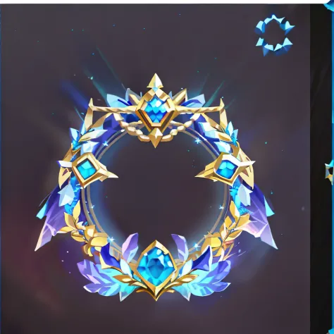 Close-up of blue and gold garlands with crowns, ability image, golden circlet, circle of the crone, intricate ornament halo, ornamental halo, holy flame crown spell, Jewel Crown, frost gem, kda, ornate border + concept-art, arcane art style, league of lege...