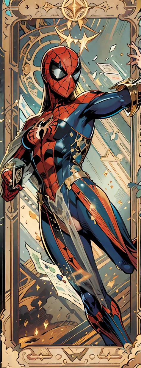 （tarot cards：1.4），marvel comic，（（（（Spidey：1.4），closeup cleavage，））），Intricate textured borders，high qulity，super-fine，Detailed pubic hair，Accurate，（tmasterpiece），Works of masters，（16K resolution），Light and dark are intense，dynamic viewing angle