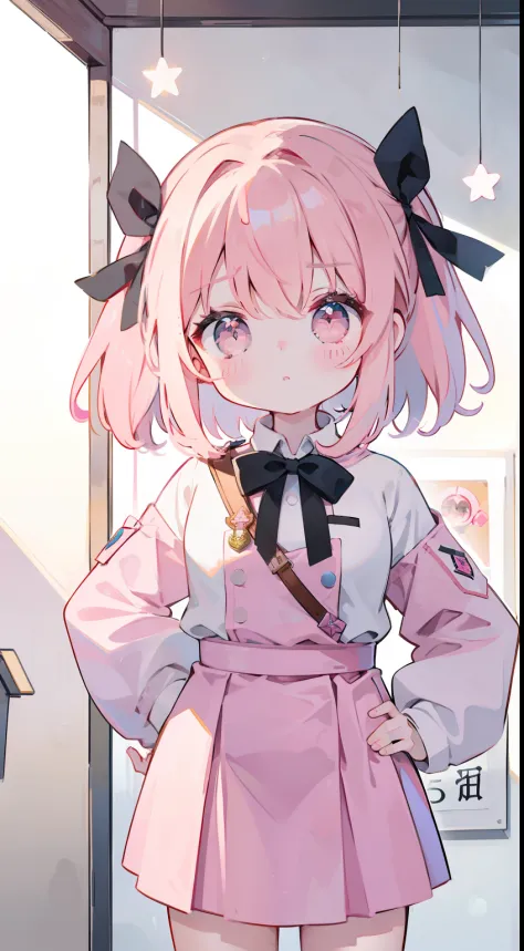 Chibi、Pink military uniform、skirt by the、bow ribbon、Straight face、happen、Hanging eyes、put hands on the hip、​masterpiece、Top image quality、top-quality、cute little