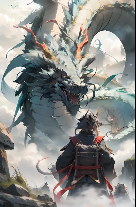 chinesedragon, dragon, letterboxed, holding, outdoors, bird, standing, cloud, 1boy, weapon, from behind, sky, cloudy sky, animal...