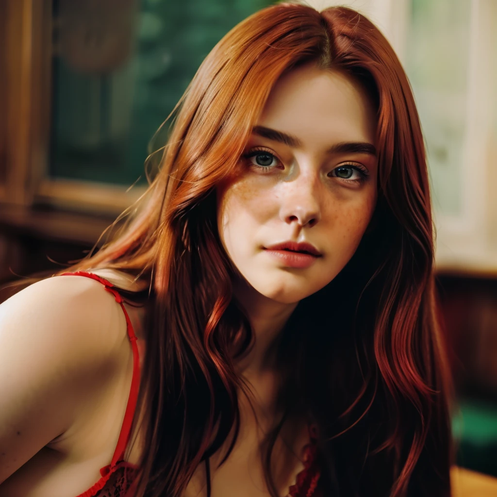 2woman, long red hair, green eyes, freckles, detailed face, detailed body, well-defined body, lingerie, in a classroom, very detailed, high detail, masterpiece