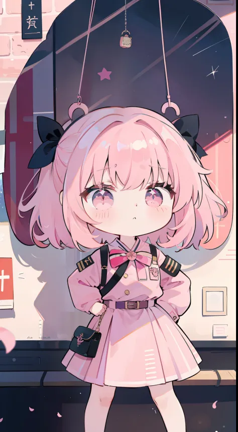 （（（（（Chibi）））））、Mini、dark pink hair、Medium hair、Pink military uniform、skirt by the、bow ribbon、Straight face、happen、Hanging eyes、put hands on the hip、​masterpiece、Top image quality、top-quality、cute little